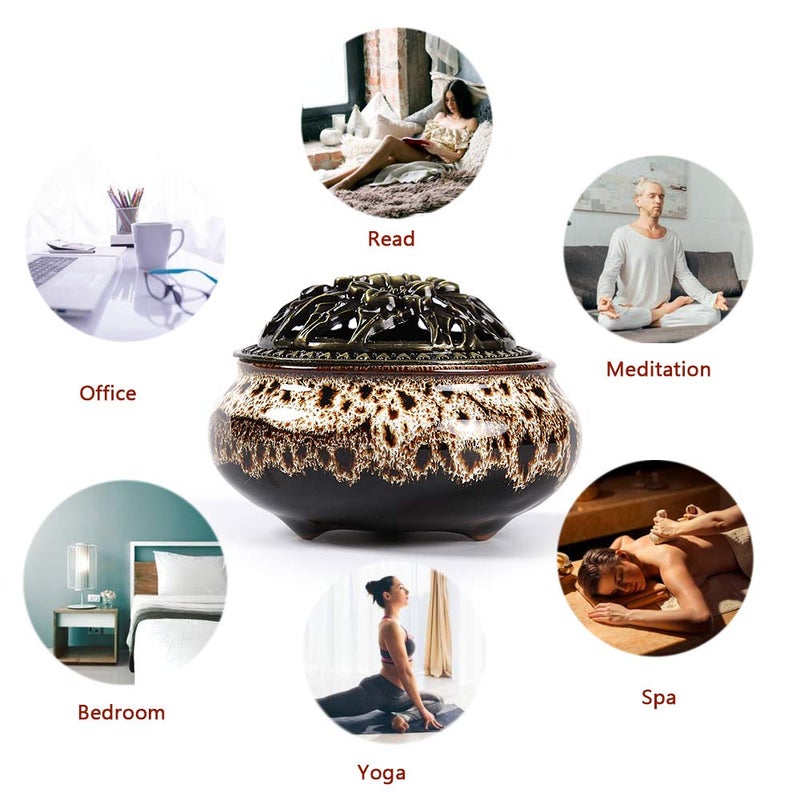 LamDawn Incense Burner with Calabash Incense Stick Holder - Porcelain Charcoal Censer for Use with Resin Granular Powder Cone or Coil Incense (Fambe Gray) - Image 5